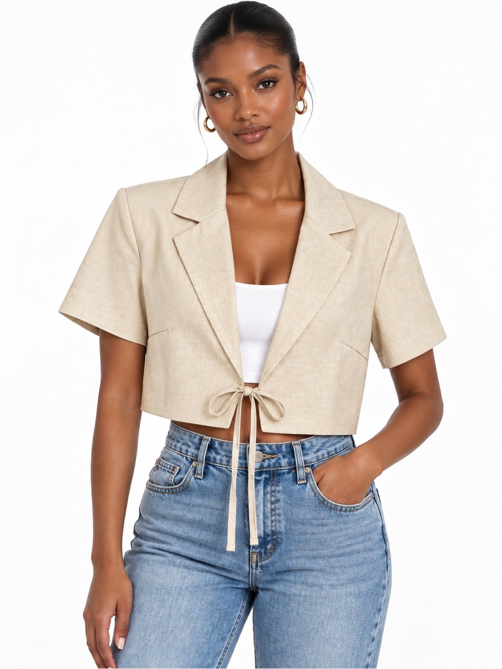 MINIMALIST Cropped Drawstring Short Sleeve Jacket in Light Beige